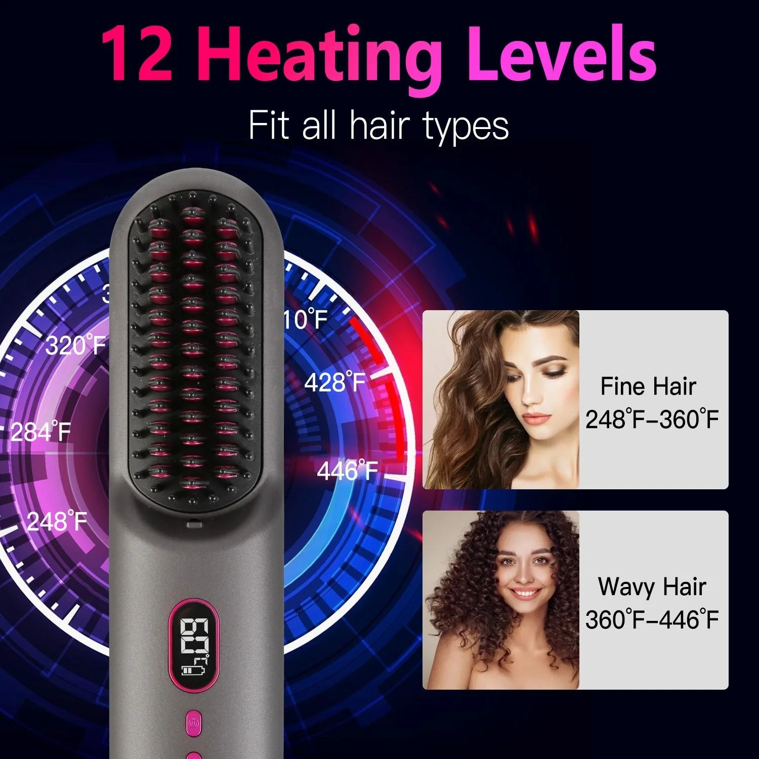 Cordless Negative Ion Hair Straightener Brush Rechargeable Mini Styling Comb with 12 Heating Levels Anti-scald 30S Preheating 30Mins Auto Sleep LCD Display - Image 11