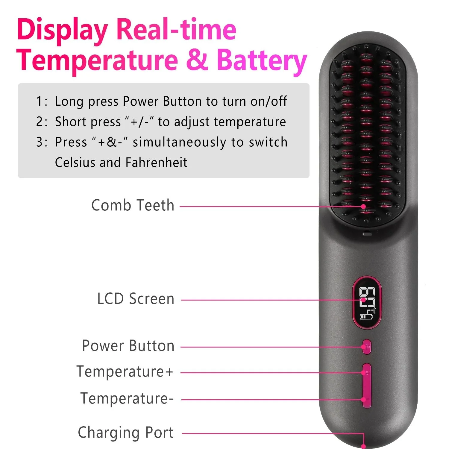 Cordless Negative Ion Hair Straightener Brush Rechargeable Mini Styling Comb with 12 Heating Levels Anti-scald 30S Preheating 30Mins Auto Sleep LCD Display - Image 16
