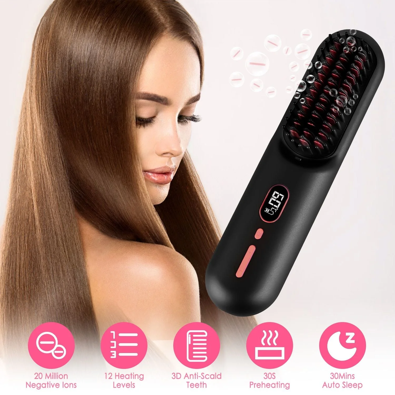 Cordless Negative Ion Hair Straightener Brush Rechargeable Mini Styling Comb with 12 Heating Levels Anti-scald 30S Preheating 30Mins Auto Sleep LCD Display - Image 7