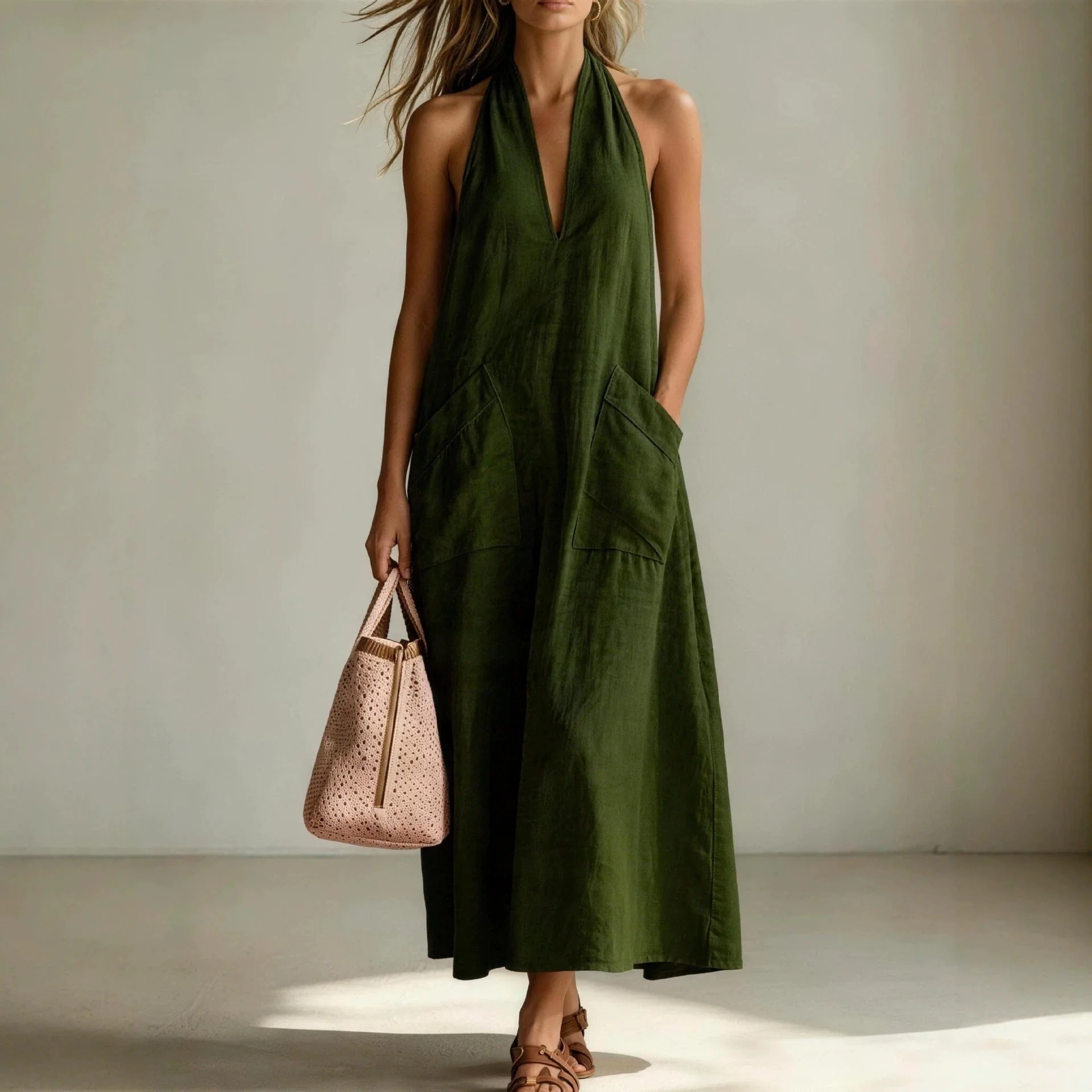 Cotton Halterneck Sleeveless Deep V-Neck Loose Straight-Line Dress - Image 2