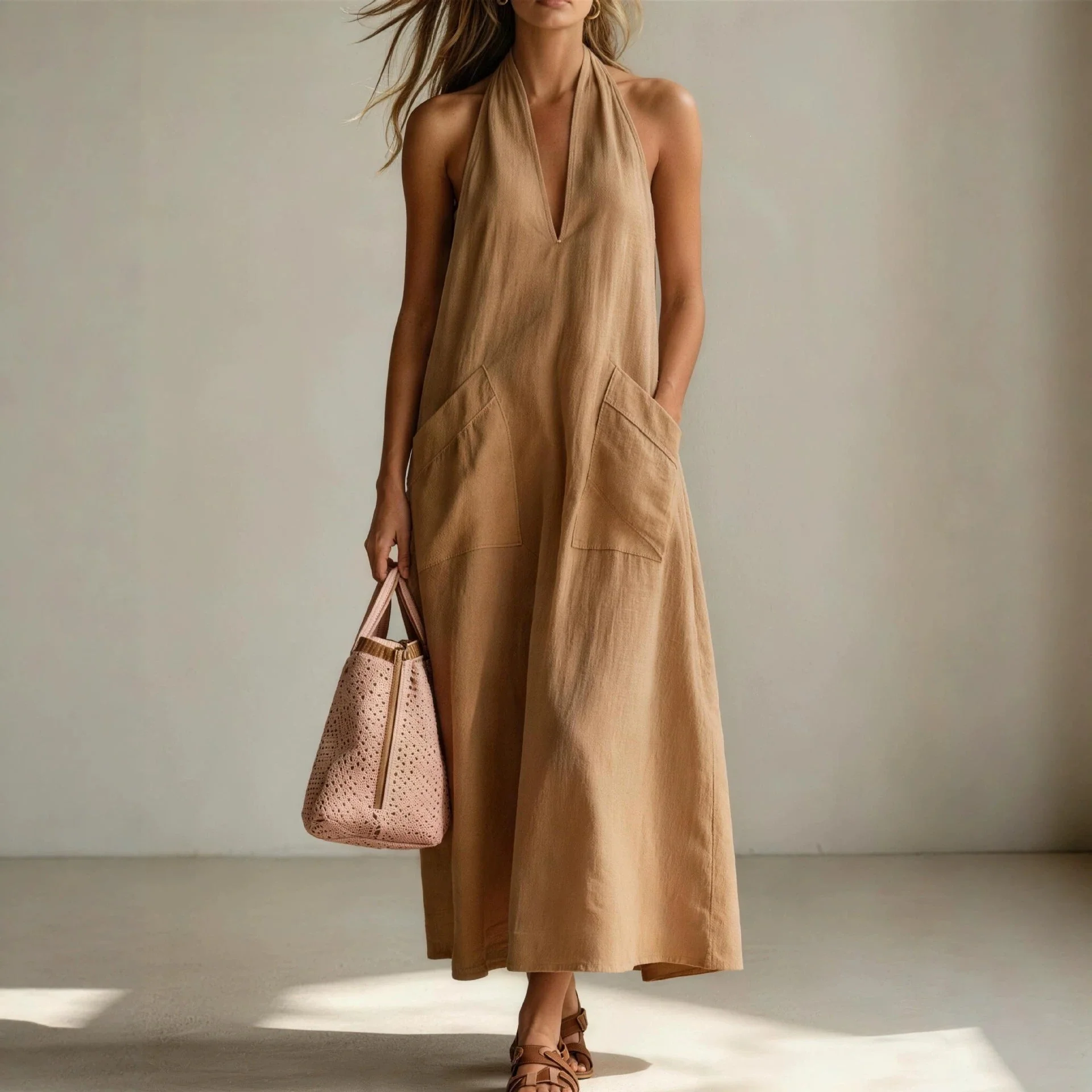 Cotton Halterneck Sleeveless Deep V-Neck Loose Straight-Line Dress - Image 4