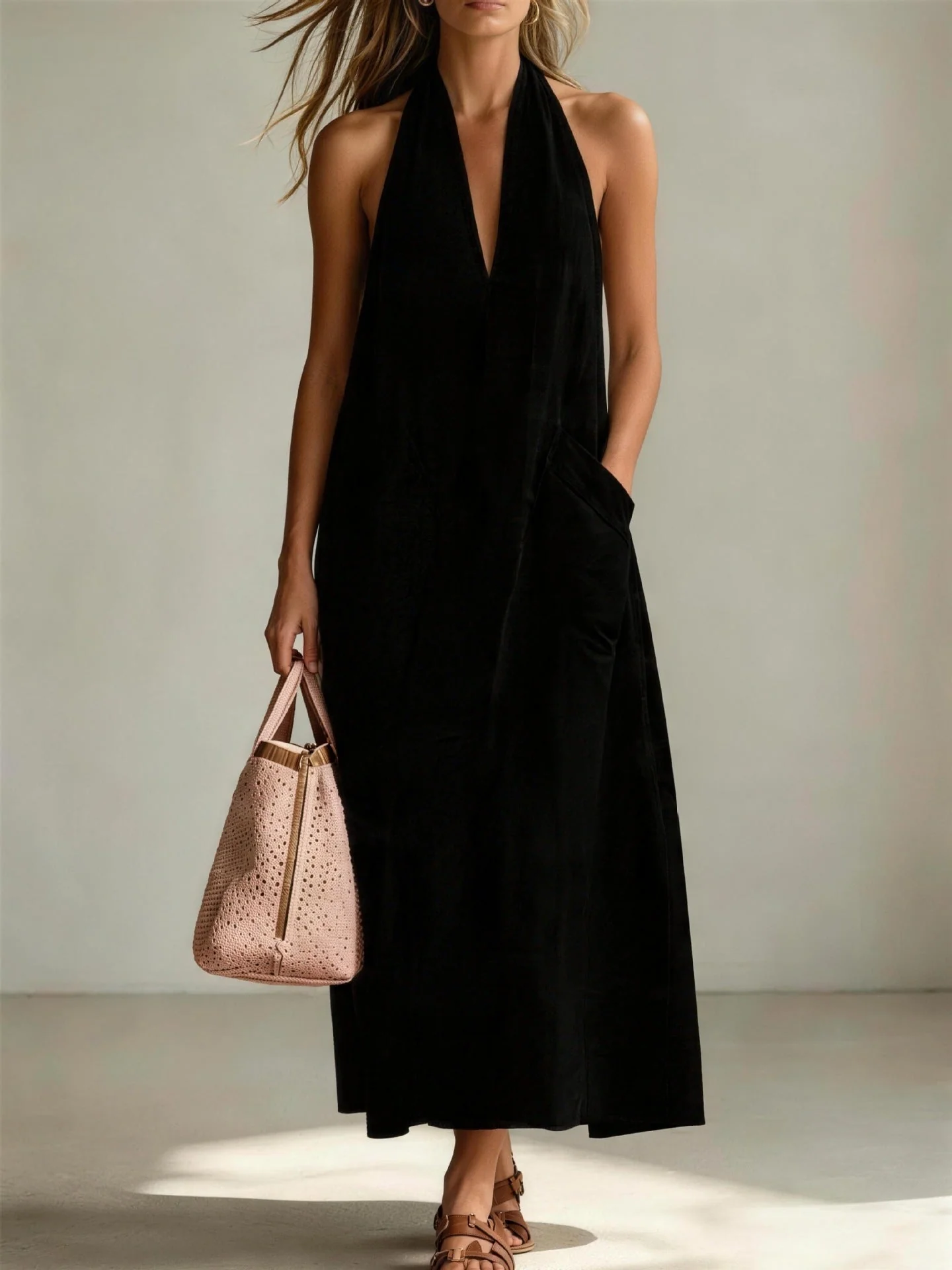 Cotton Halterneck Sleeveless Deep V-Neck Loose Straight-Line Dress - Image 6