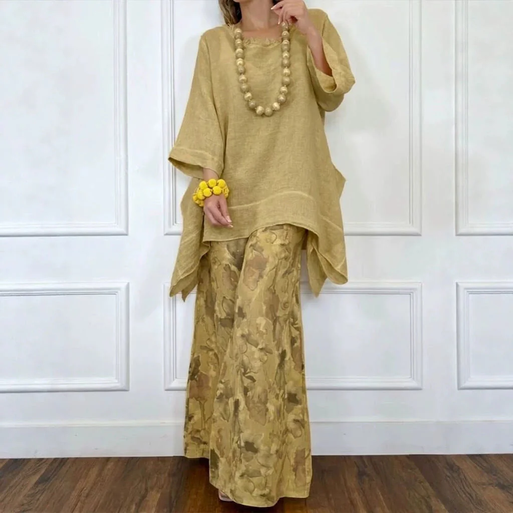 Cotton-Linen Irregular Hem Drop-Shoulder Top & Wide-Leg Pants Set | 3 Colors - Image 6