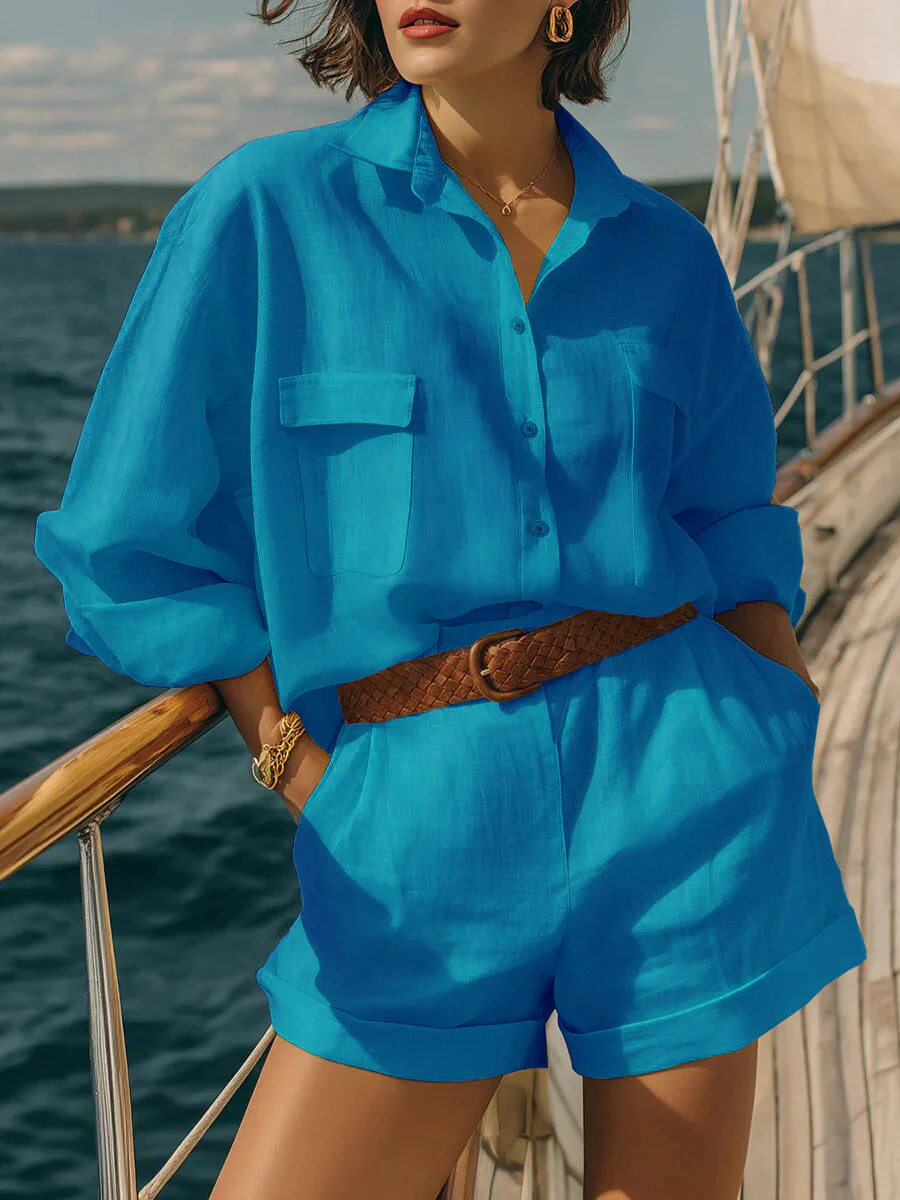 Cotton-Linen Loose-Fit Button-Down Shirt and Shorts Casual Set - Image 5