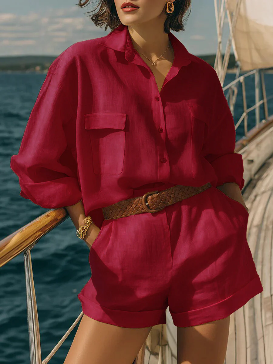 Cotton-Linen Loose-Fit Button-Down Shirt and Shorts Casual Set - Image 8