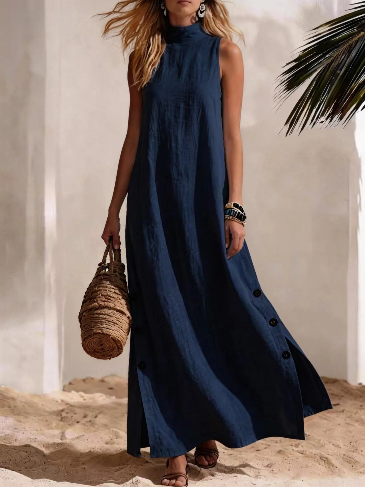 Cotton Linen Sleeveless Midi Dress – Side Slits & Loose Fit - Image 11