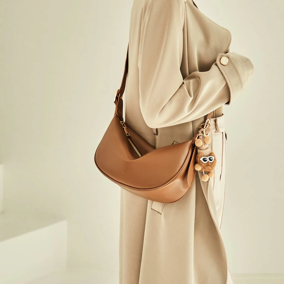 Crescent Leather Crossbody Shoulder Bag with Bear Charm - Image 13