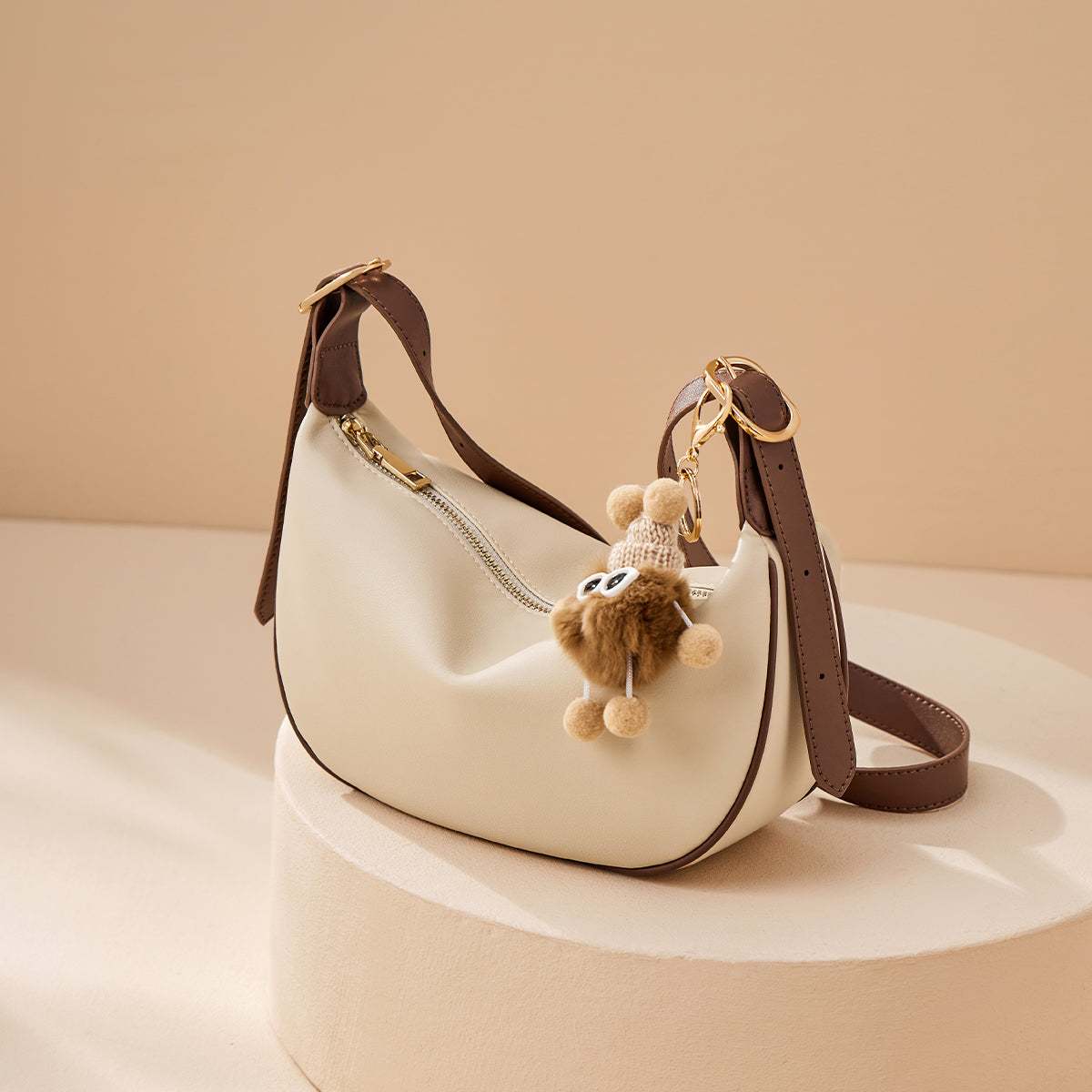 Crescent Leather Crossbody Shoulder Bag with Bear Charm - Image 22