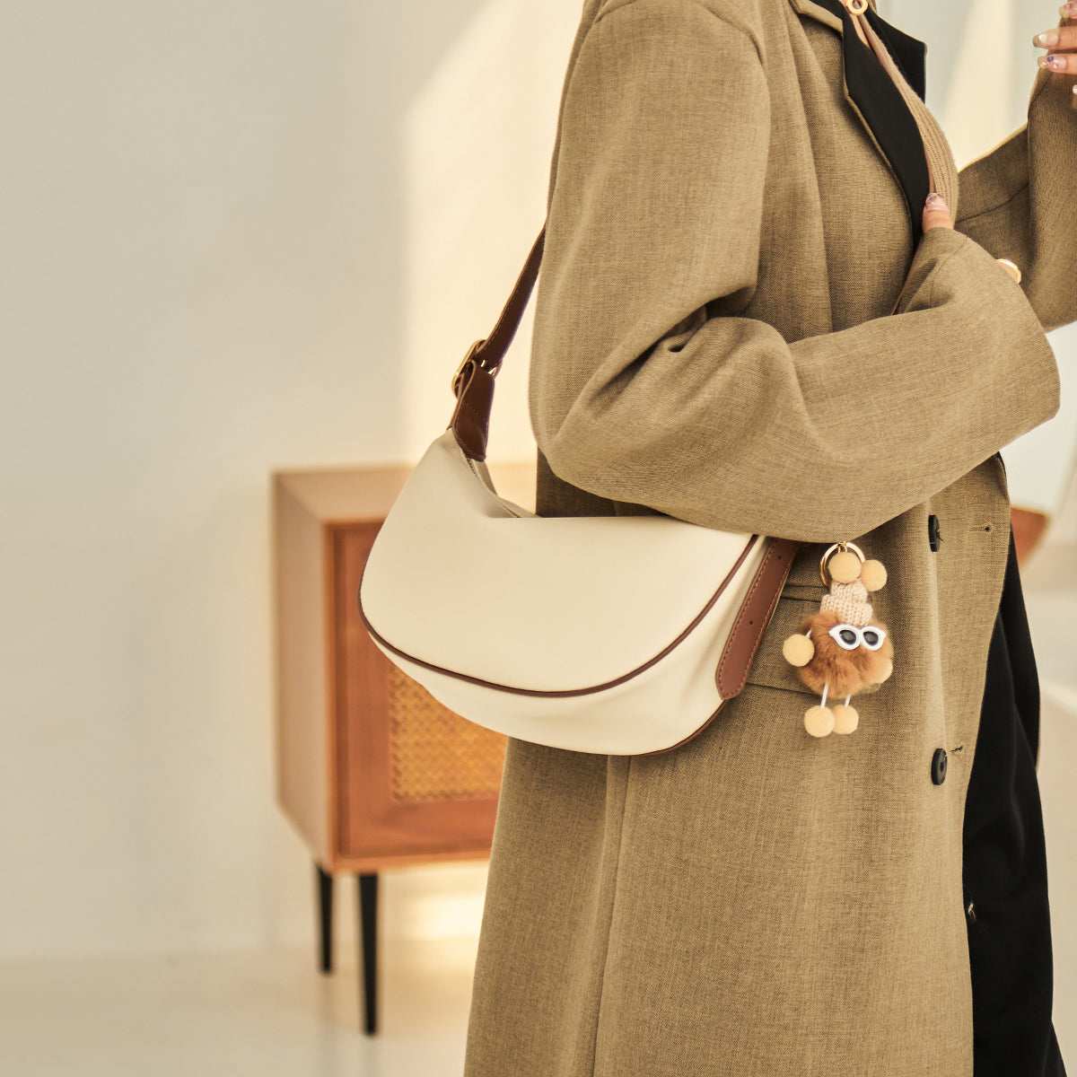 Crescent Leather Crossbody Shoulder Bag with Bear Charm - Image 25