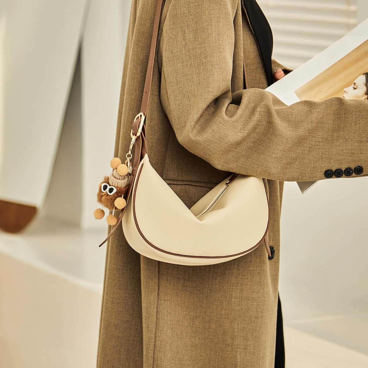 Crescent Leather Crossbody Shoulder Bag with Bear Charm - Image 26