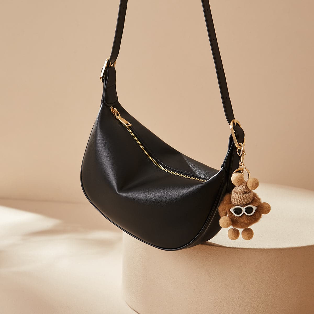 Crescent Leather Crossbody Shoulder Bag with Bear Charm - Image 4