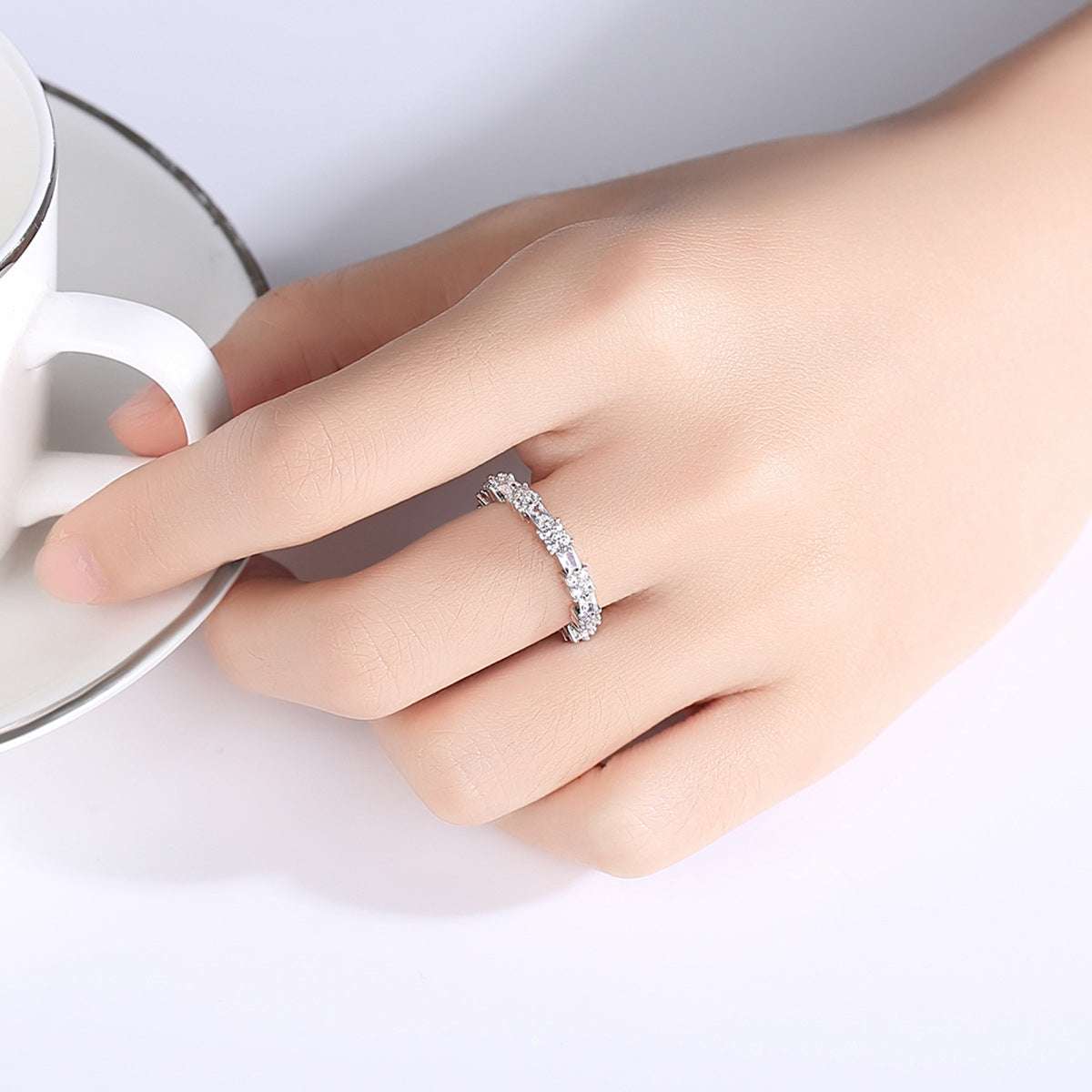 Crystal & Cubic Zirconia Silvertone Thin Band Ring - Image 4