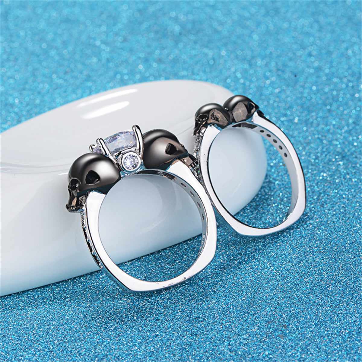 Crystal & Cubic Zirconia Two-Tone Skull Ring Set - Image 4