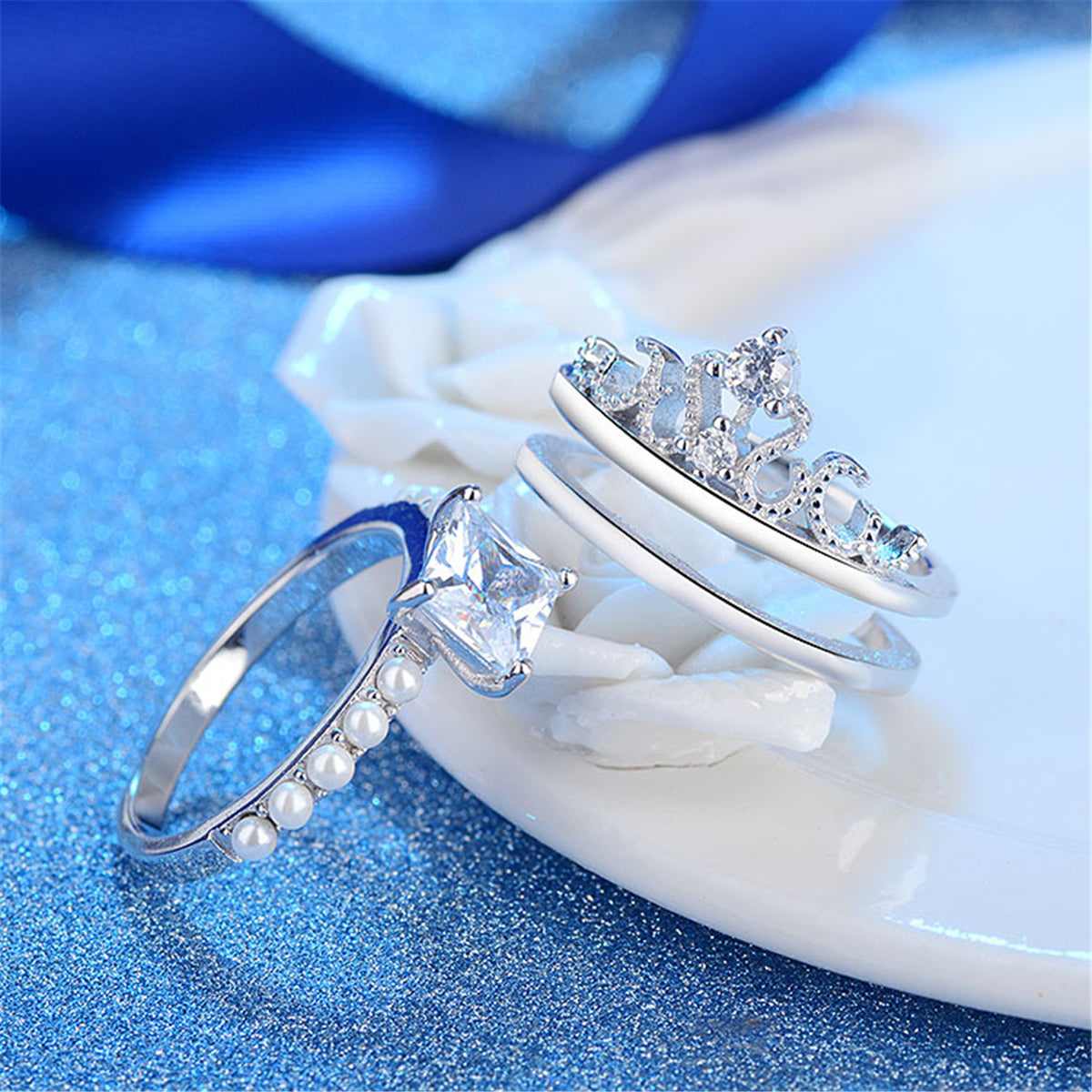 Crystal & Pearl Silvertone Princess-Cut Ring & Band Set - Image 2