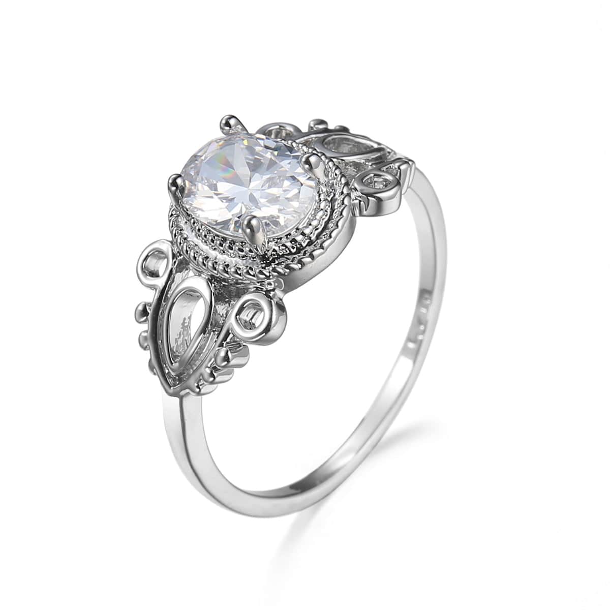Crystal & Silvertone Openwork Milgrain Oval-Cut Ring - Image 2