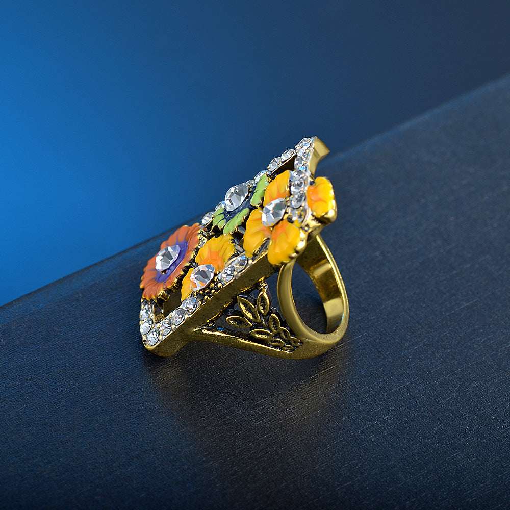 Cubic Zirconia & Enamel Goldtone Floral Rectangle Ring - Image 2