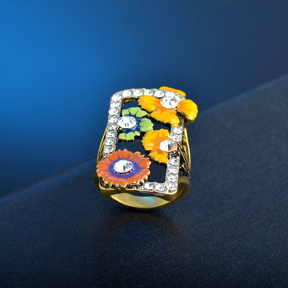 Cubic Zirconia & Enamel Goldtone Floral Rectangle Ring - Image 3