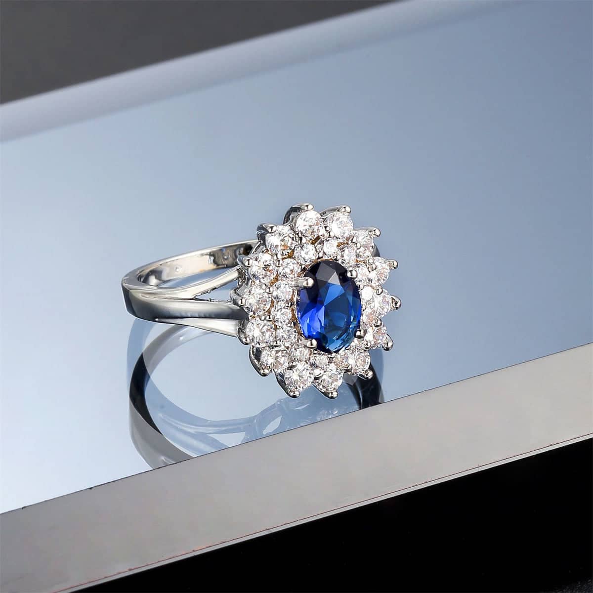 Cubic Zirconia & Navy Crystal Flower Halo Ring - Image 4