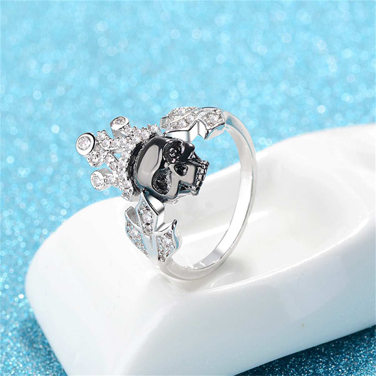Cubic Zirconia & Silvertone Crown Skull Ring - Image 4