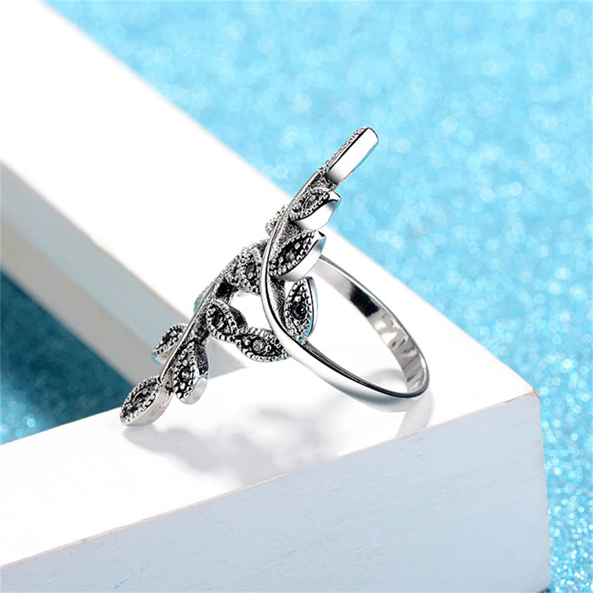 Cubic Zirconia & Silvertone Leaves Bypass Ring - Image 2