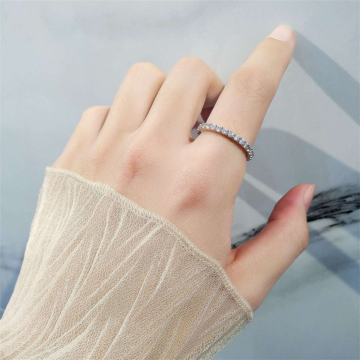 Cubic Zirconia & Silvertone Thin Band Ring - Image 2