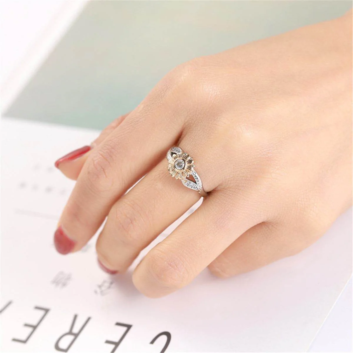Cubic Zirconia & Two-Tone Sunflower Band Ring - Image 2