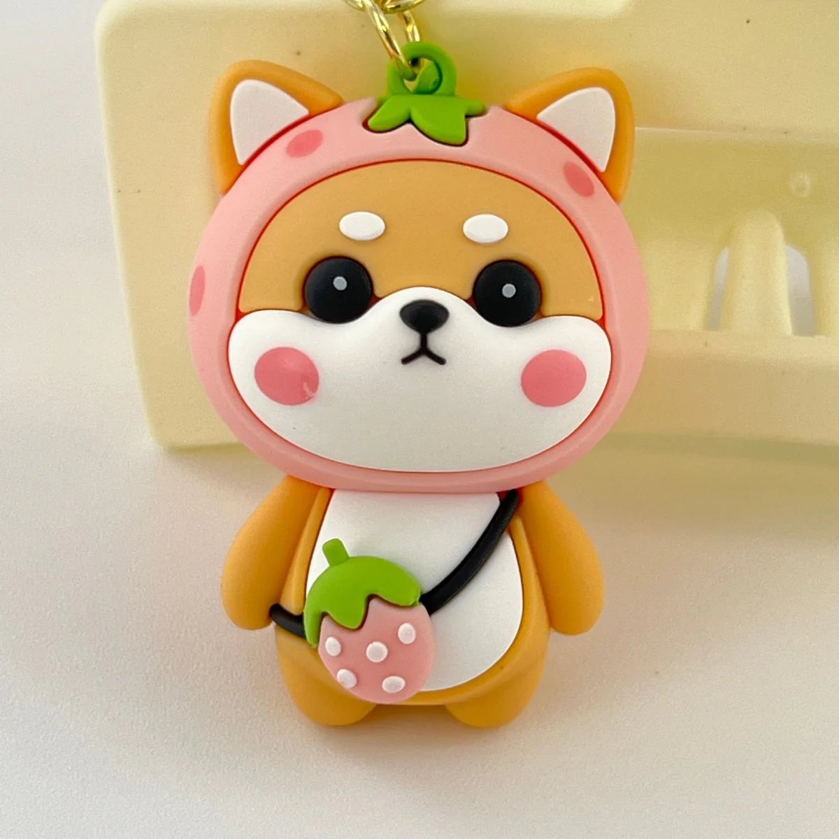 Cute Shiba Inu Keychain for Her in Pink Strawberry Design - Image 2