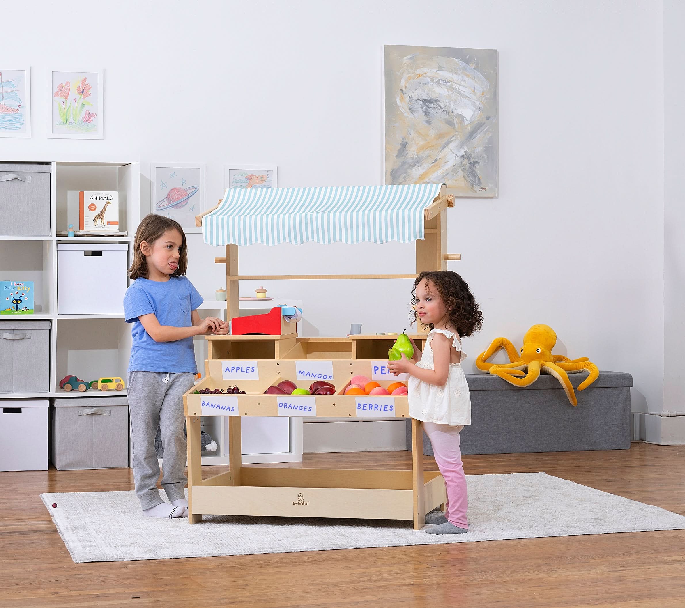 Cypress Wooden Market Stand – Pretend Play Shop for Kids with Storage - Image 19