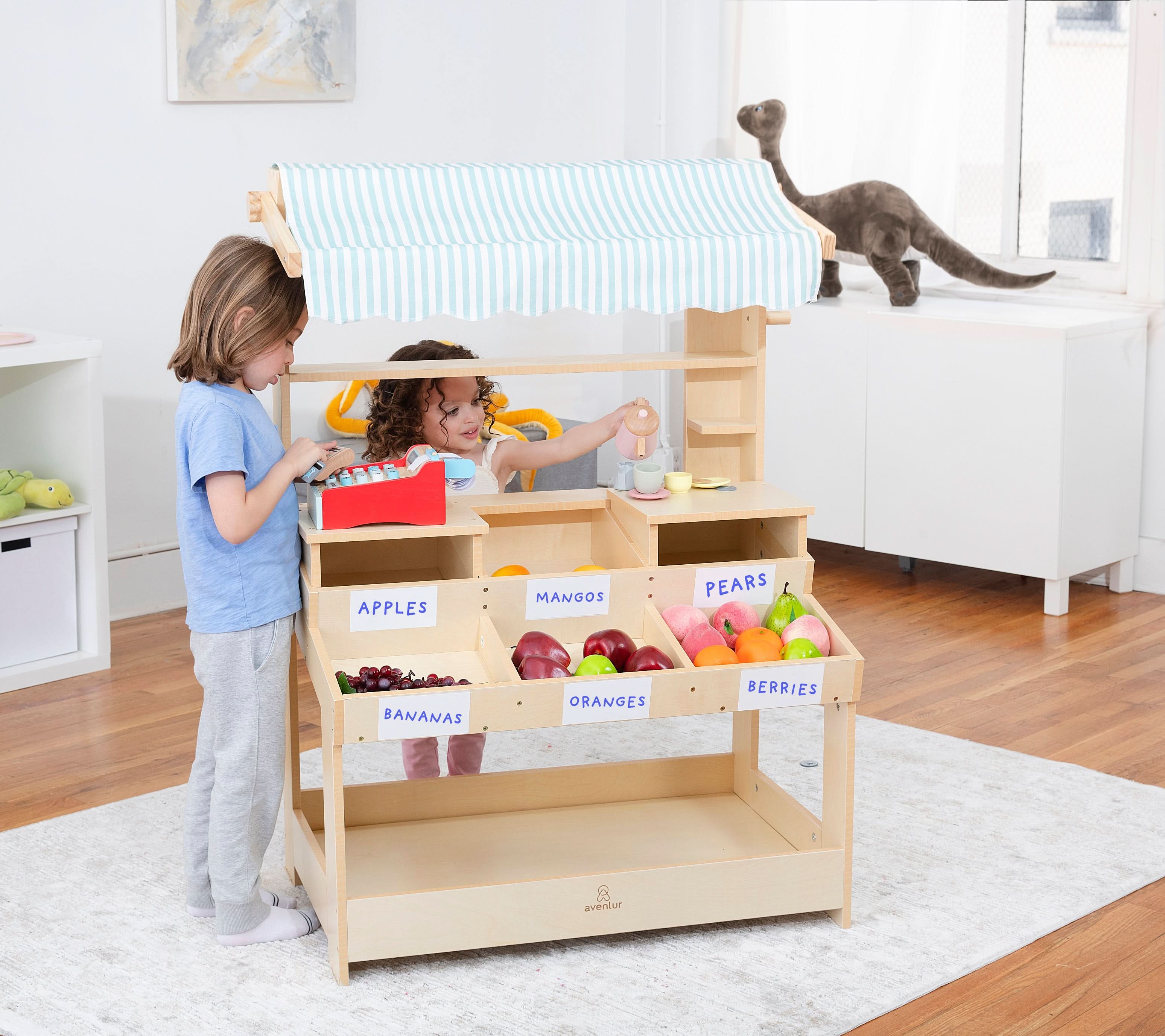 Cypress Wooden Market Stand – Pretend Play Shop for Kids with Storage - Image 20