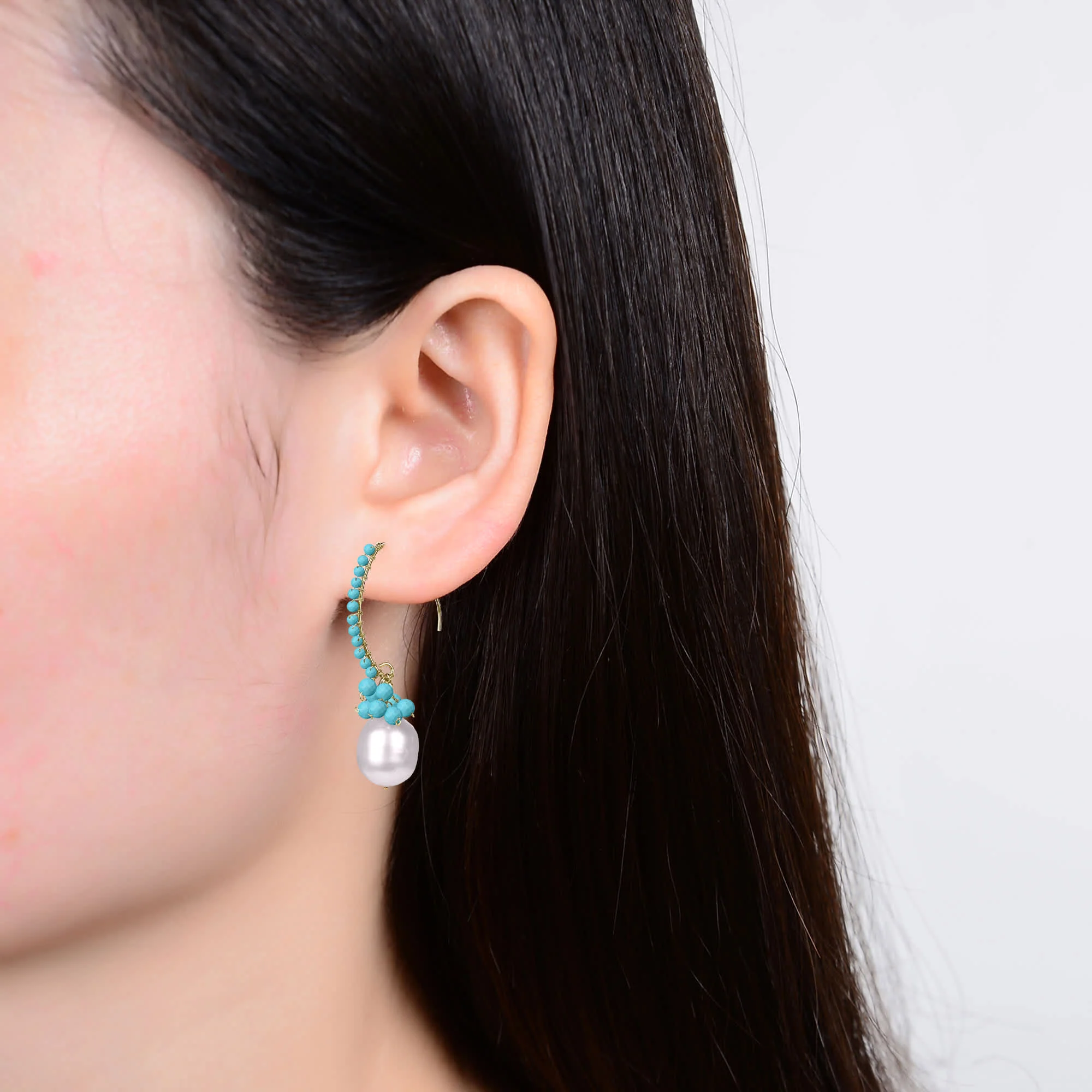 Dangle Freshwater Pearl and Turquoise Earrings 18K Plated Sterling Silver - Image 3