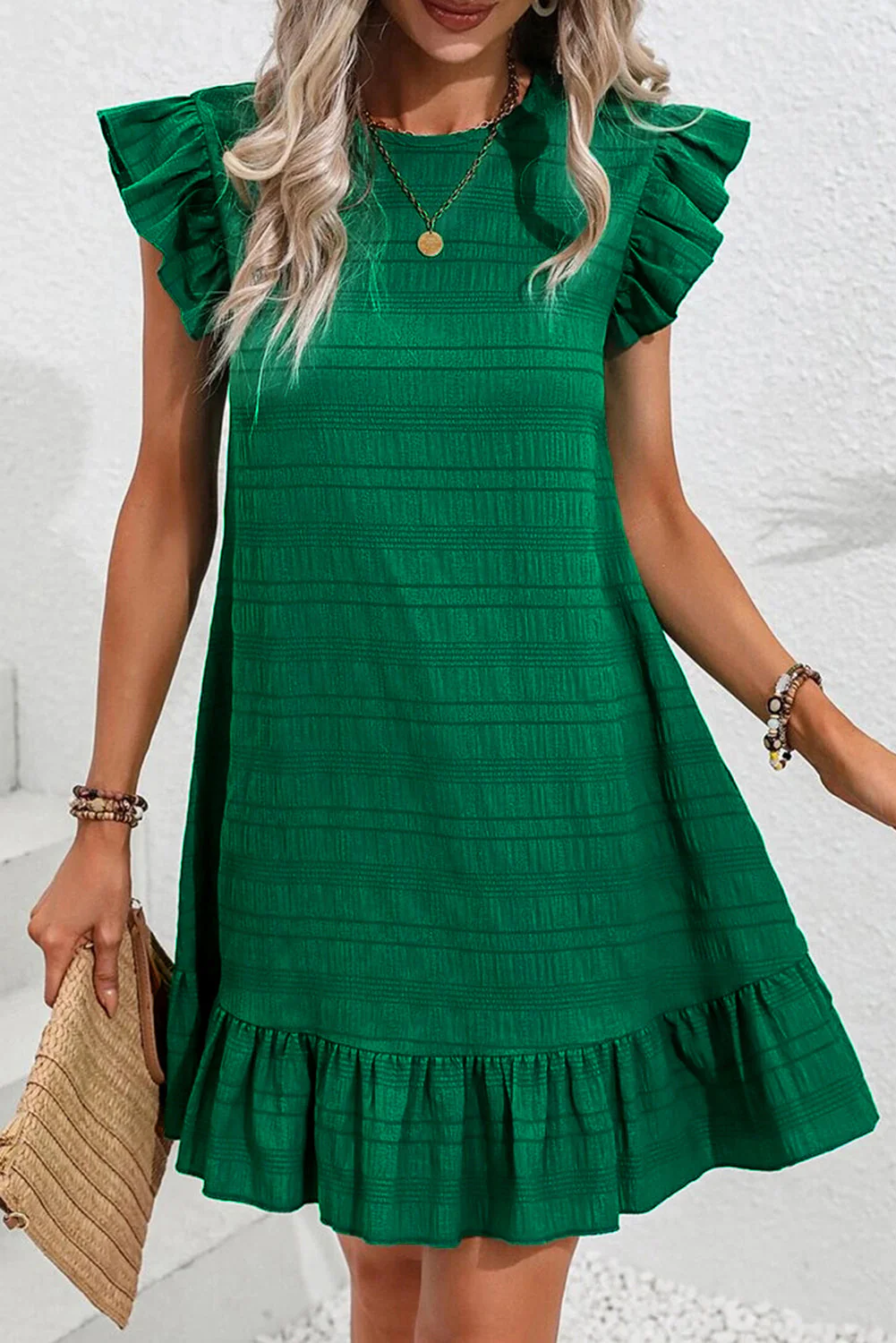 Dark Blue Textured Flutter Sleeve Ruffle Mini Dress - Image 11