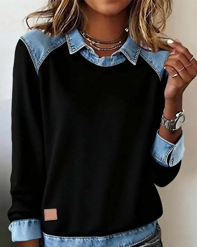 Denim Collar Patchwork Pullover Knitwear Top – Women’s Street Style - Image 10