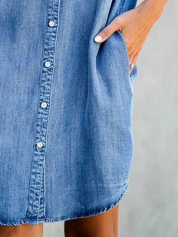 Denim Midi Dress – Short Sleeve Square Neck Slim Fit Street Style - Image 3