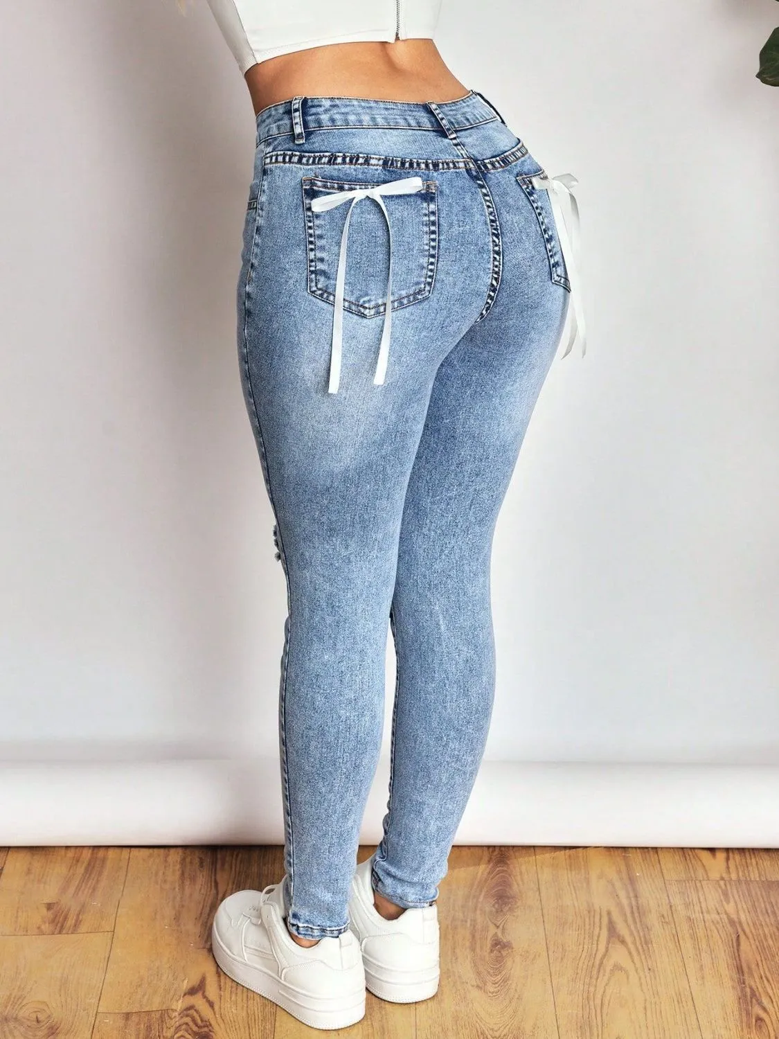 Distressed Skinny Jeans with Bow Back - Image 4