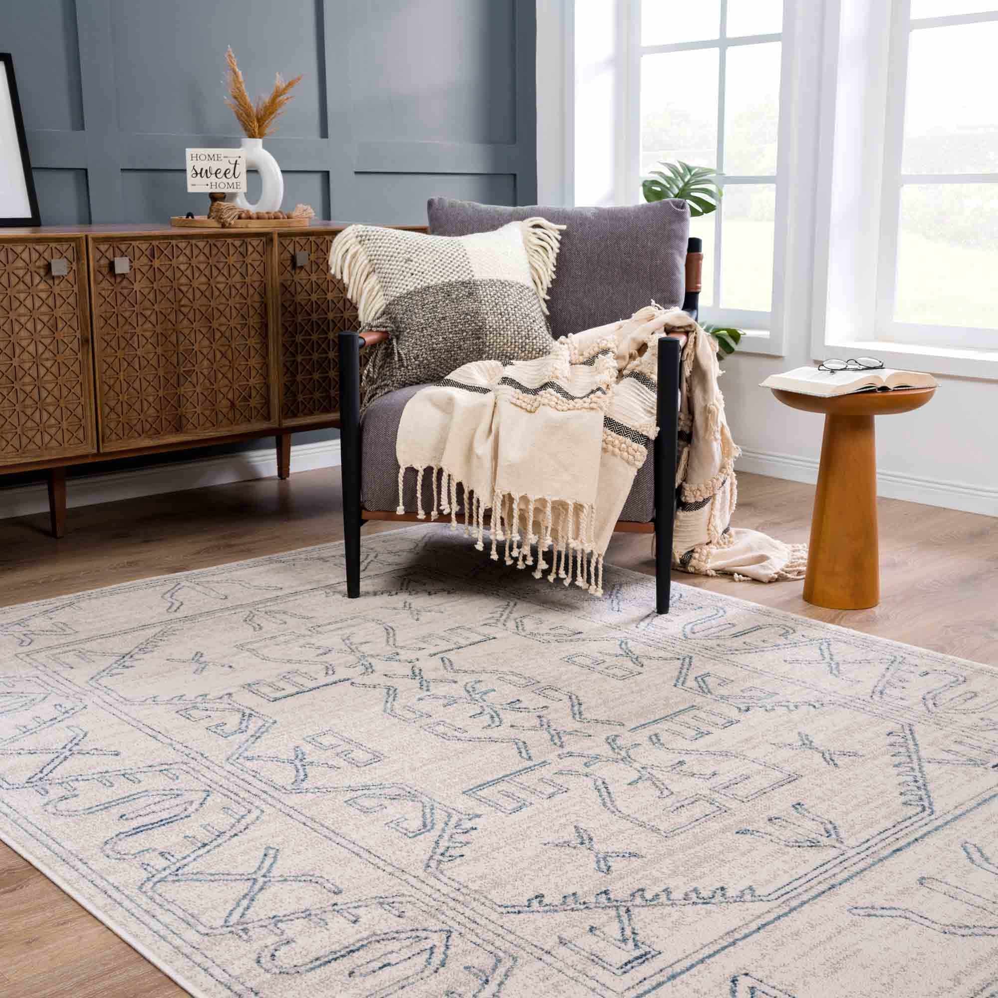 Divya Cream & Silver Blue Area Rug - Image 2