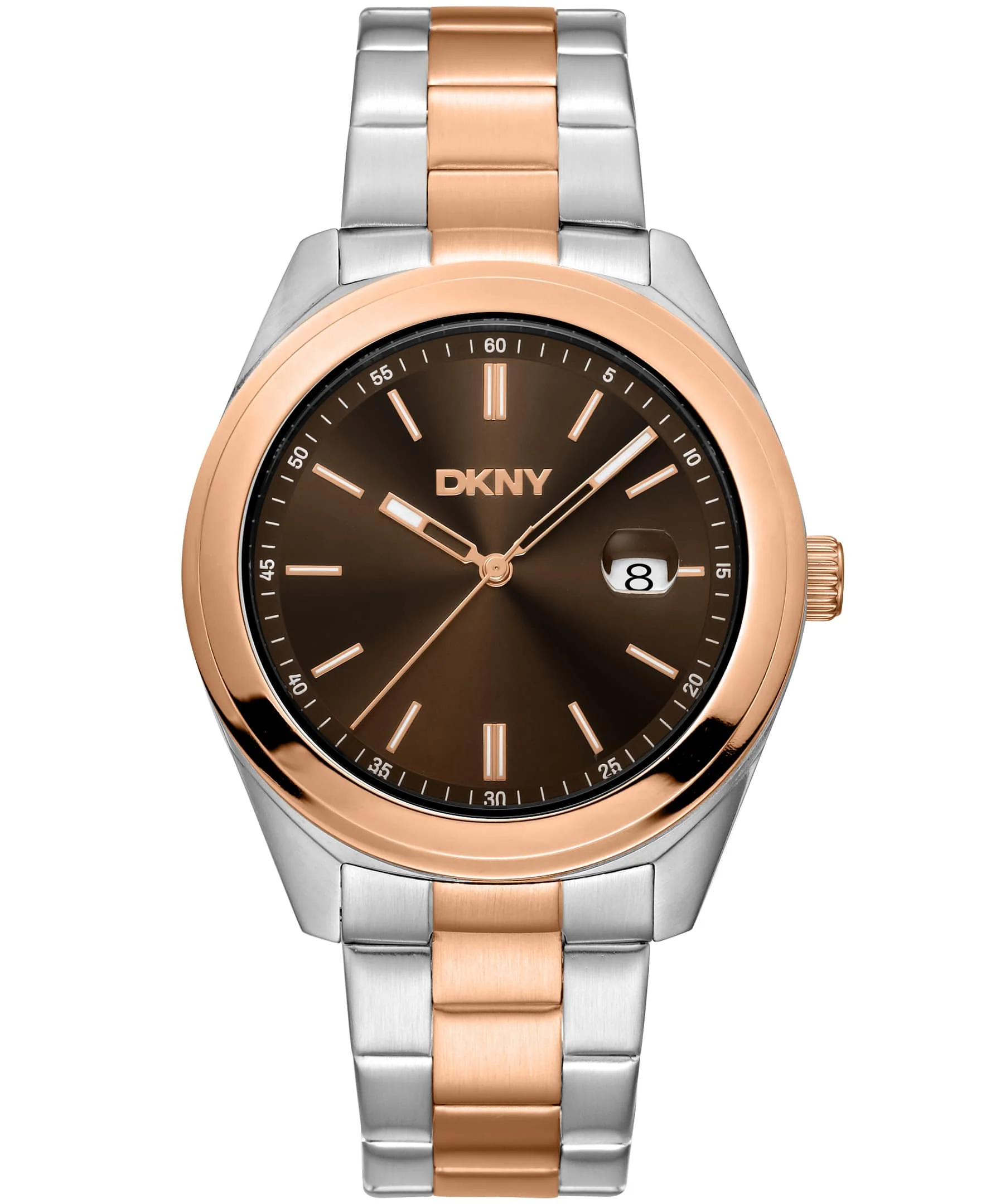 Dkny Men Watch, Two Tone Silver & Rose Gold Color Case, Brown Dial, Two Tone Silver & Rose Gold Color Metal Bracelet, 3 Hands Date, 5 Atm
