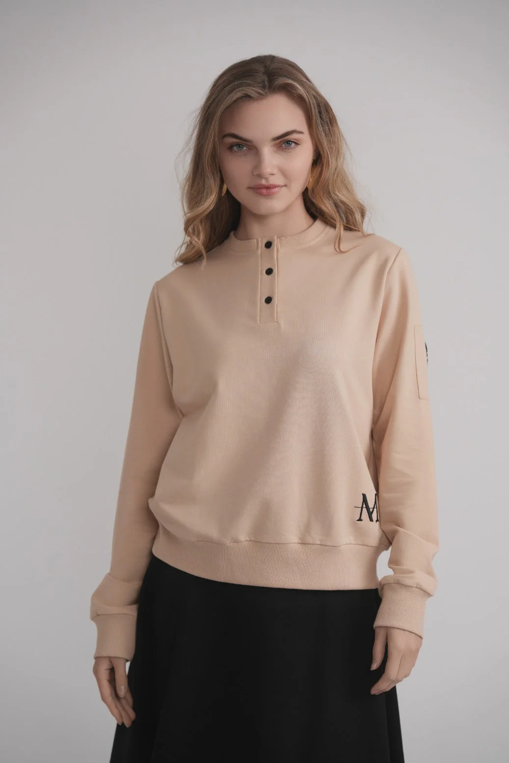Dolman Sleeve Button Sweatshirt - Beige - Image 3
