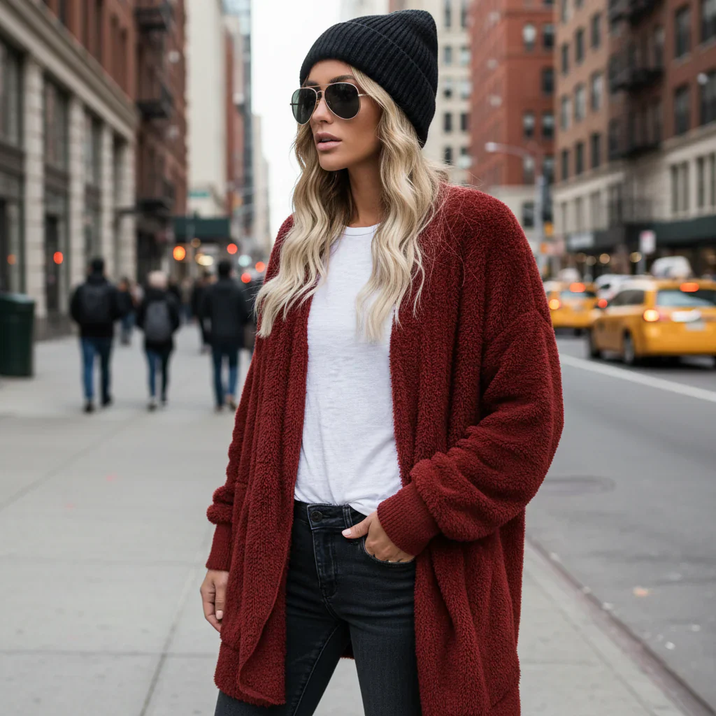 Double Fleece Plush Hooded Cardigan Jacket Women - Image 3
