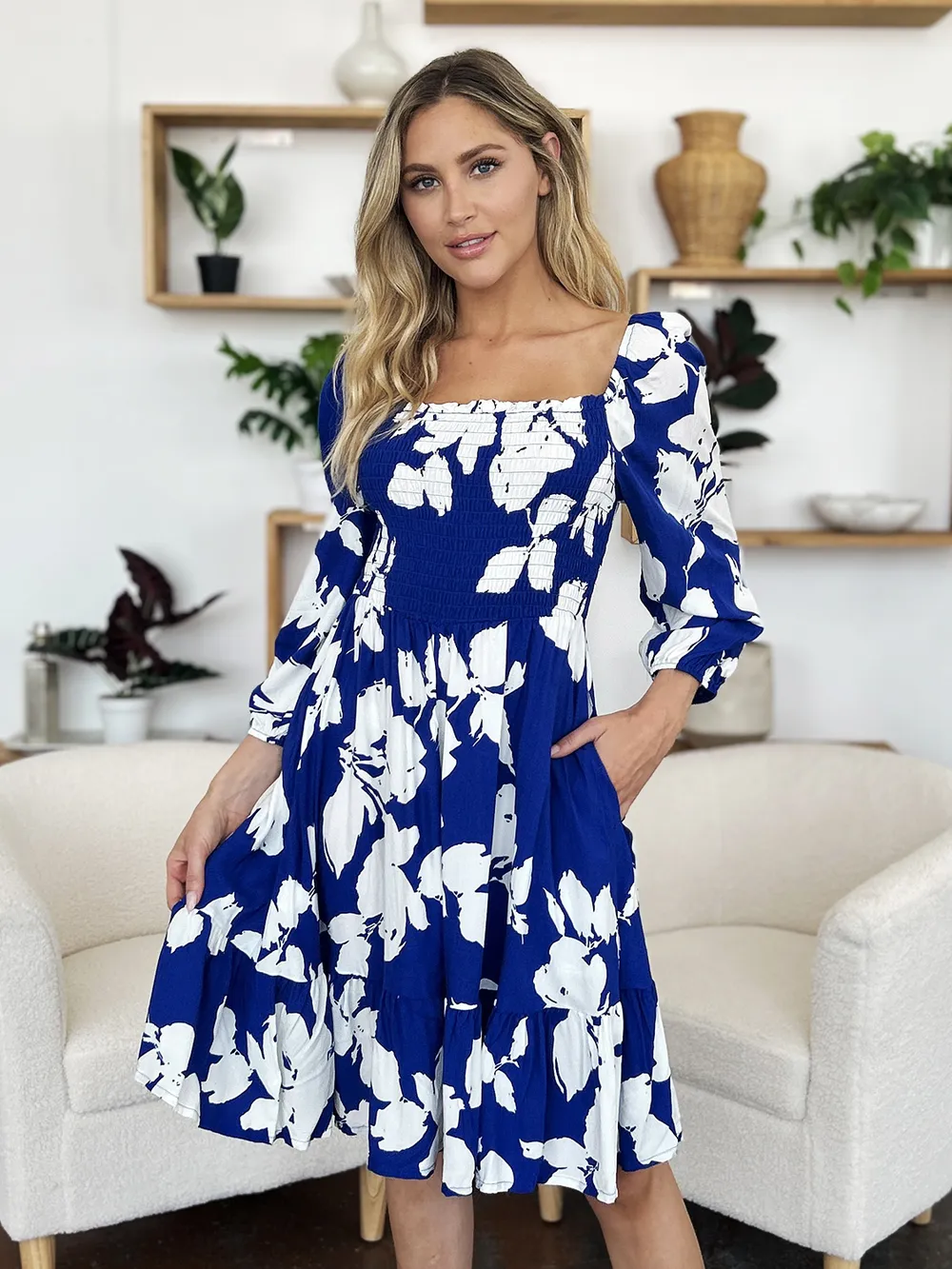 Double Take Full Size Floral Ruffle Hem Smocked Dress with Pockets - Image 14