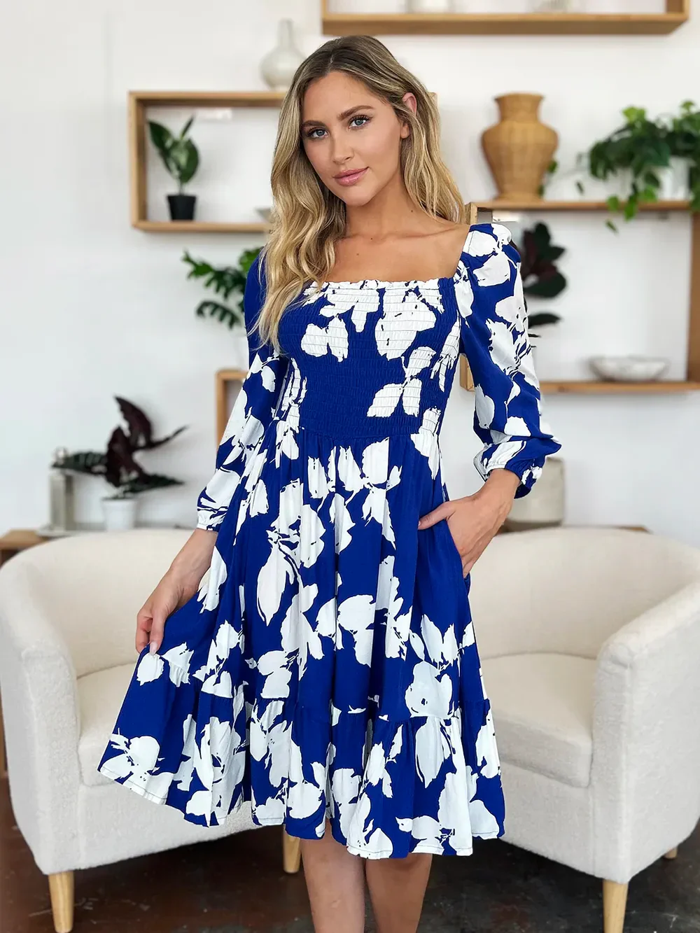Double Take Full Size Floral Ruffle Hem Smocked Dress with Pockets - Image 15