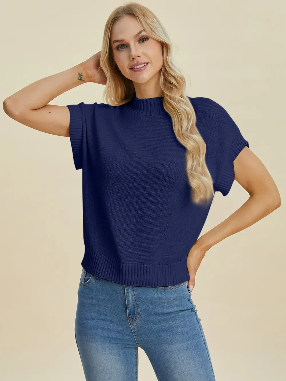 Double Take Full Size Mock Neck Short Sleeve Sweater - Image 9