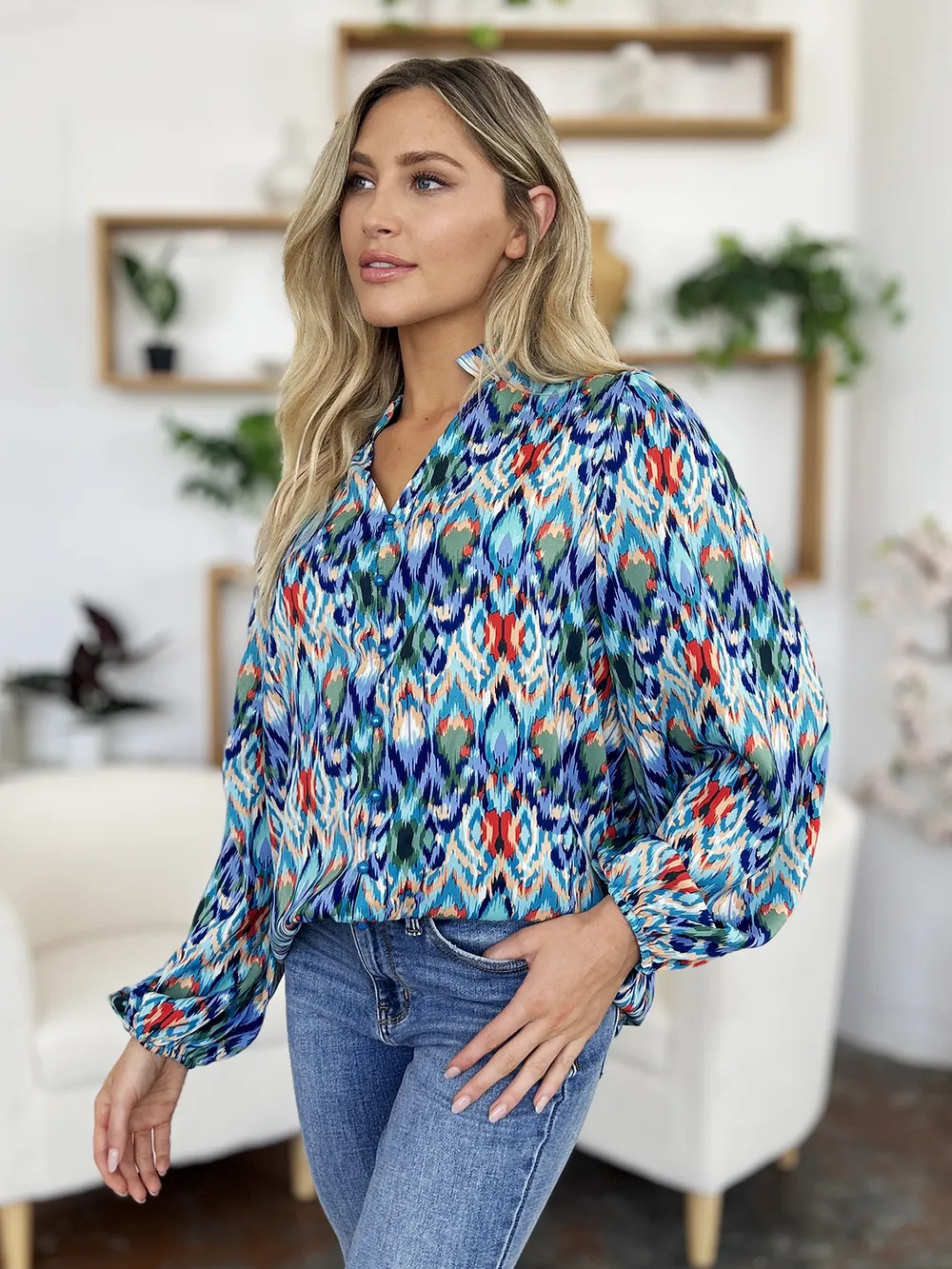 Double Take Full Size Printed Balloon Sleeve Blouse - Image 22