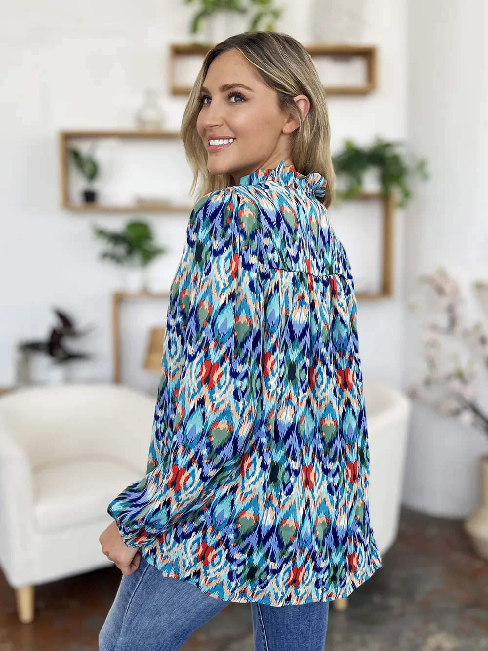 Double Take Full Size Printed Balloon Sleeve Blouse - Image 26