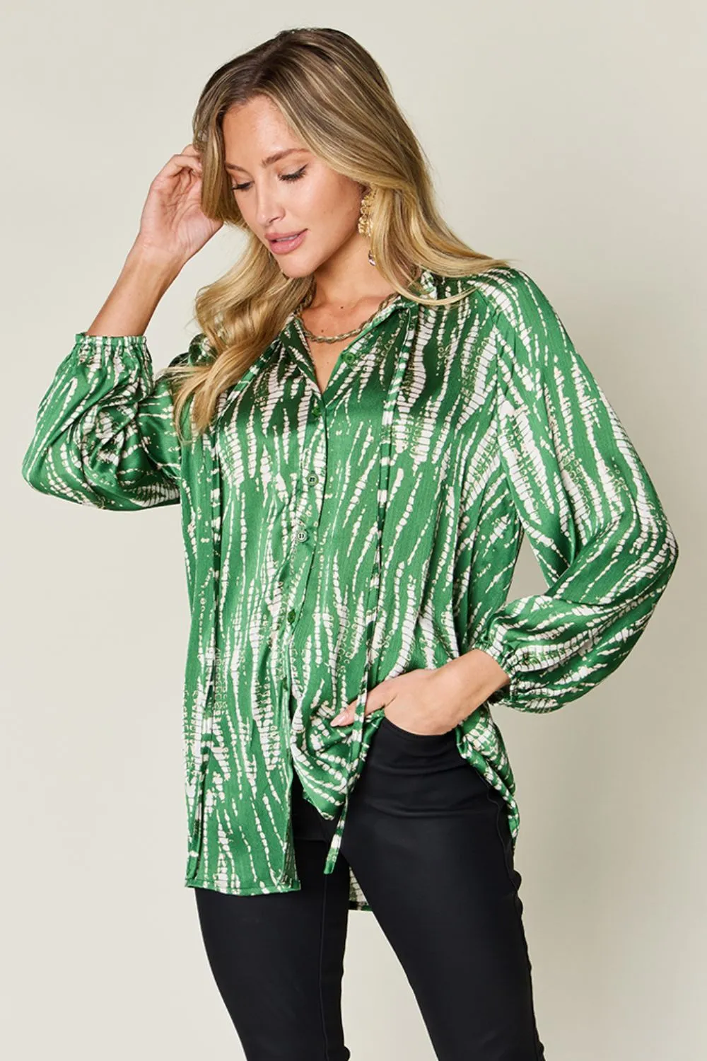 Double Take Full Size Printed Button Up Long Sleeve Shirt - Image 22