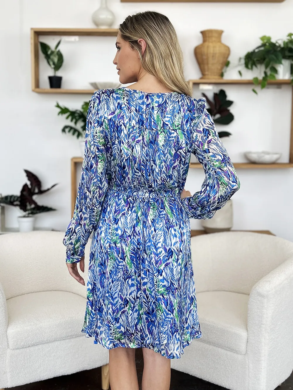 Double Take Full Size Printed Drawstring Waist Long Sleeve Dress - Image 18