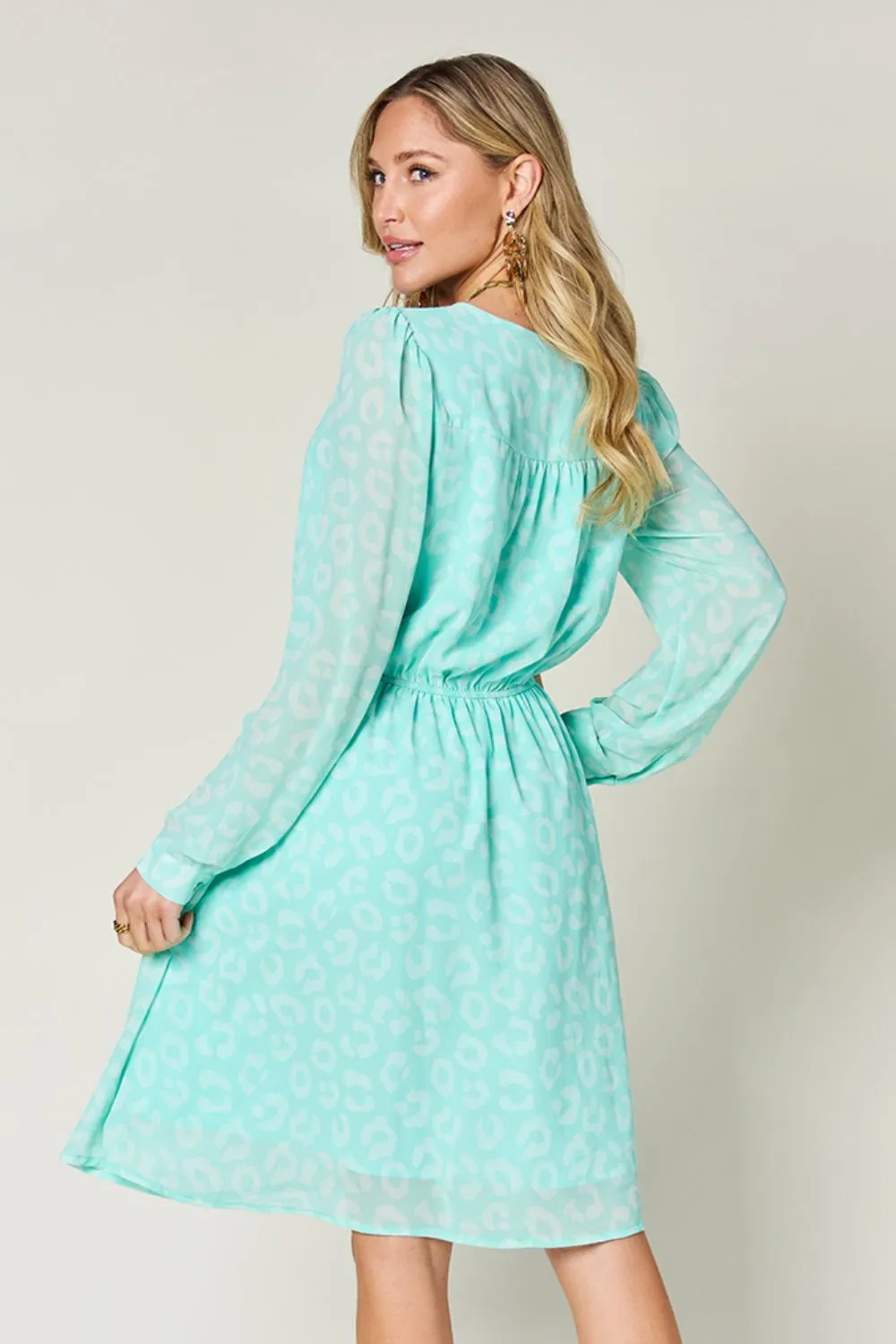 Double Take Full Size Printed Ruched V-Neck Long Sleeve Dress - Image 2