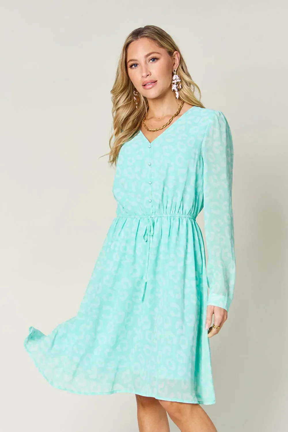 Double Take Full Size Printed Ruched V-Neck Long Sleeve Dress - Image 3
