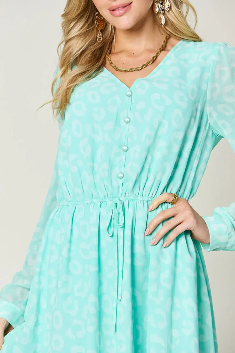 Double Take Full Size Printed Ruched V-Neck Long Sleeve Dress - Image 4