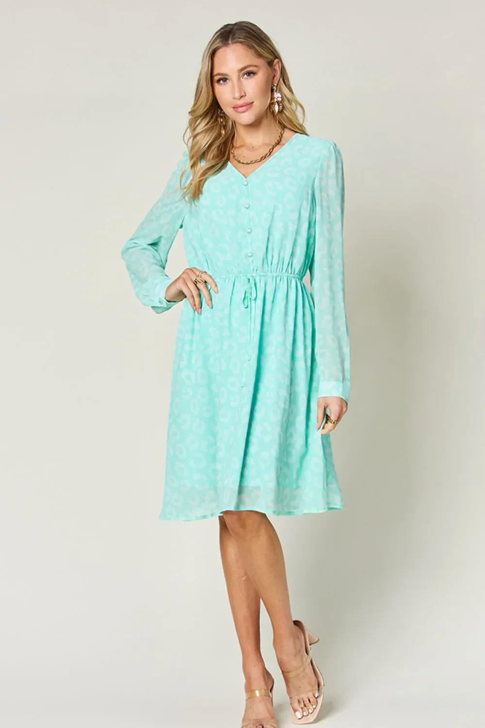 Double Take Full Size Printed Ruched V-Neck Long Sleeve Dress - Image 5
