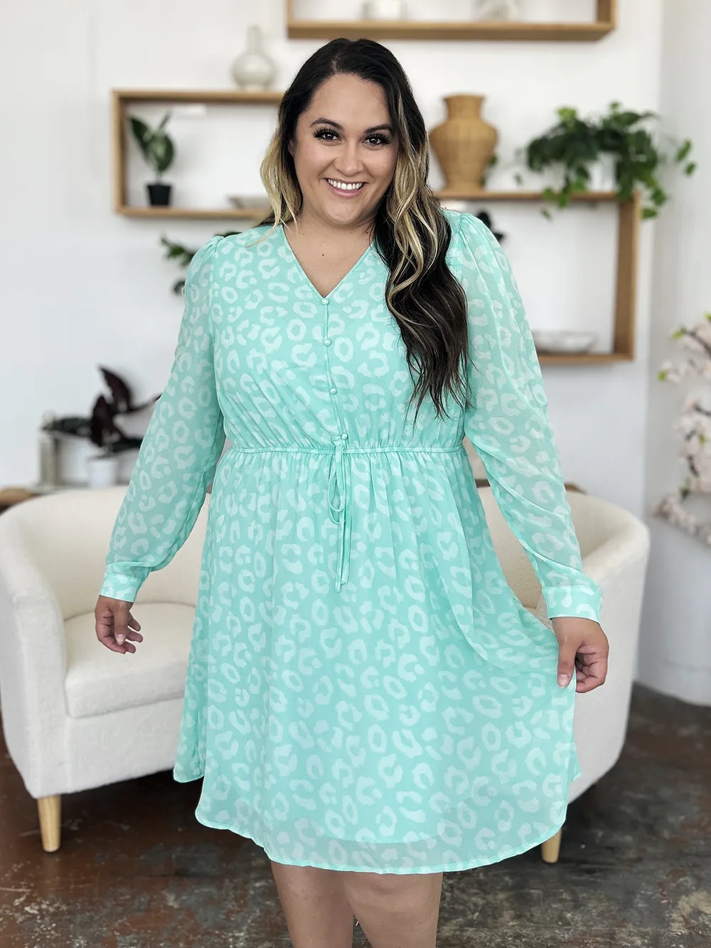 Double Take Full Size Printed Ruched V-Neck Long Sleeve Dress - Image 6